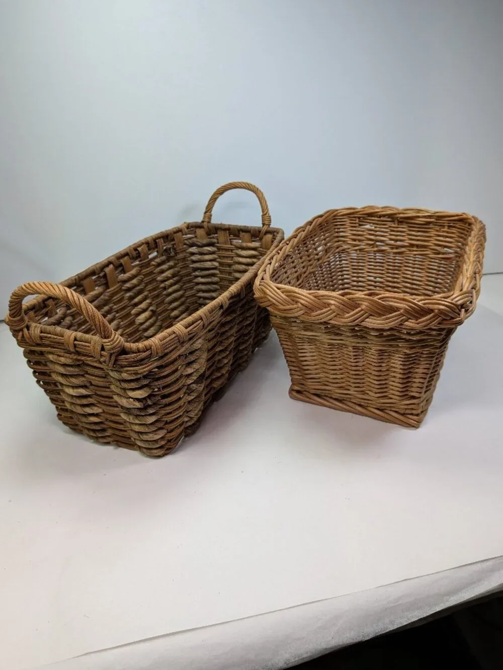 Vintage Natural Wicker Baskets Set of 2 Braided Rim & Chunky Rope Weave Baskets
